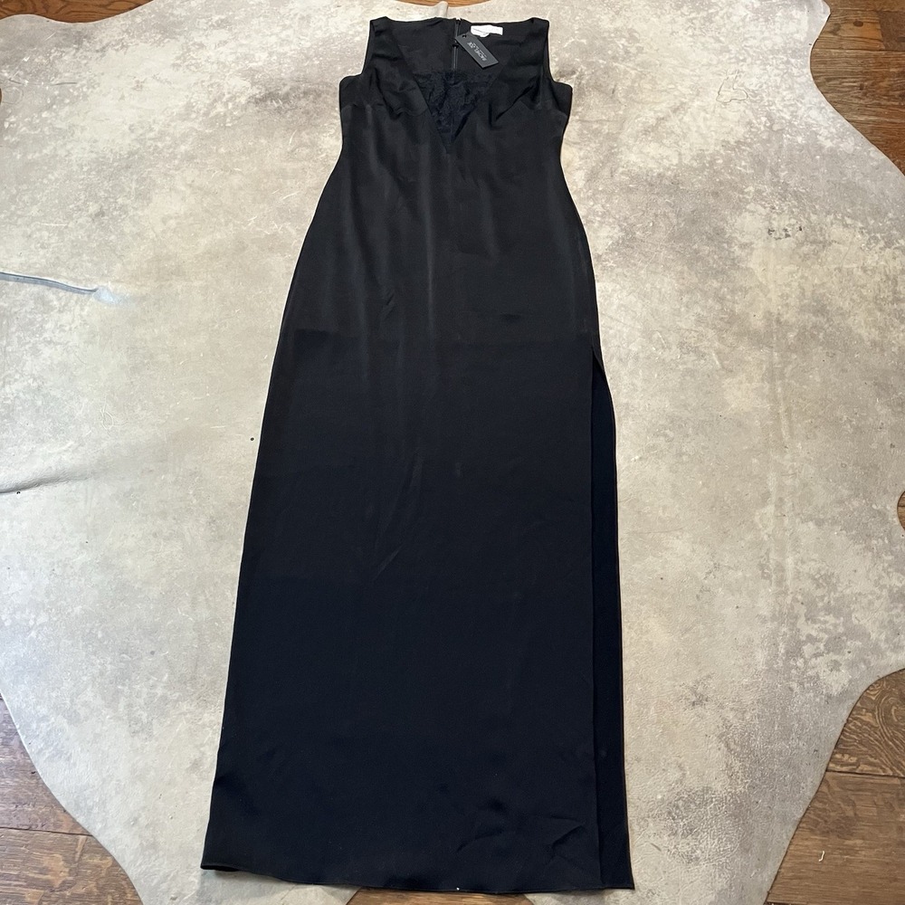 Rachel Zoe Dress Womens 8 Black Long Maxi Side Slit Sleeveless Deep Lace V Neck